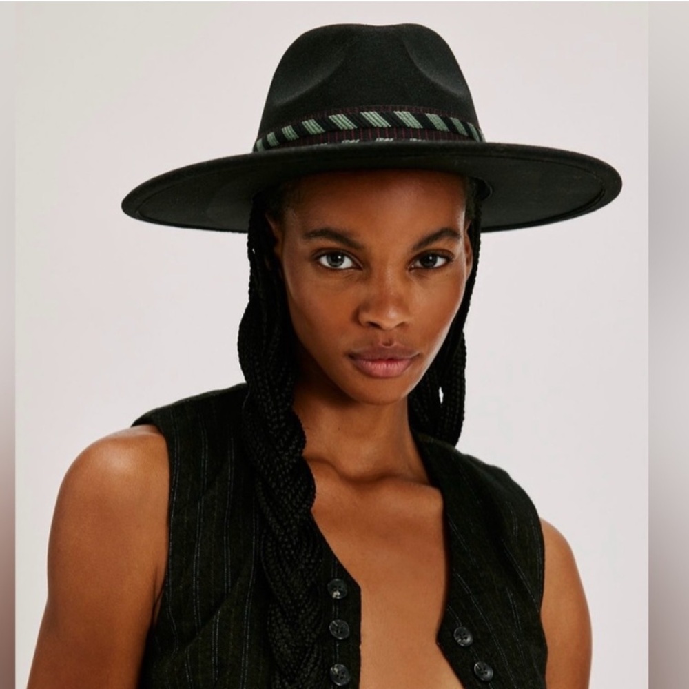 Free People Kimi Rancher Black Fedora Hat with Multicolored Patterned Band